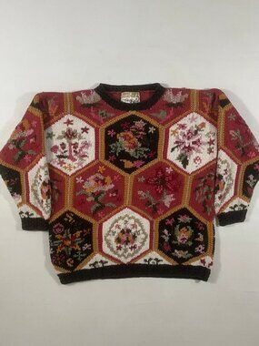 Vintage 90s Crystal-Kobe Floral Tapestry Hexagon Patchwork Chunky Knit Sweater S